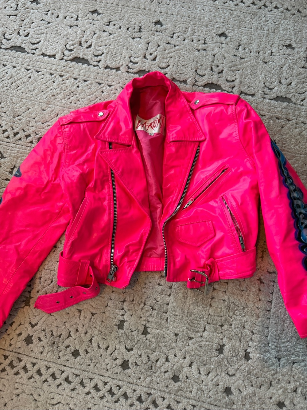 Women's Hot Pink Cropped Biker Leather Jacket by Unknown Brand